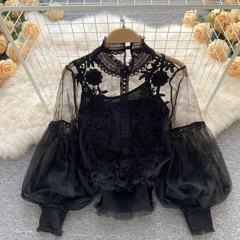 Dentelle bouffée à manches longues blouse vintage mode blouses élégant femme blusas coréen femme hauts femmes chemises vêtements livraison directe