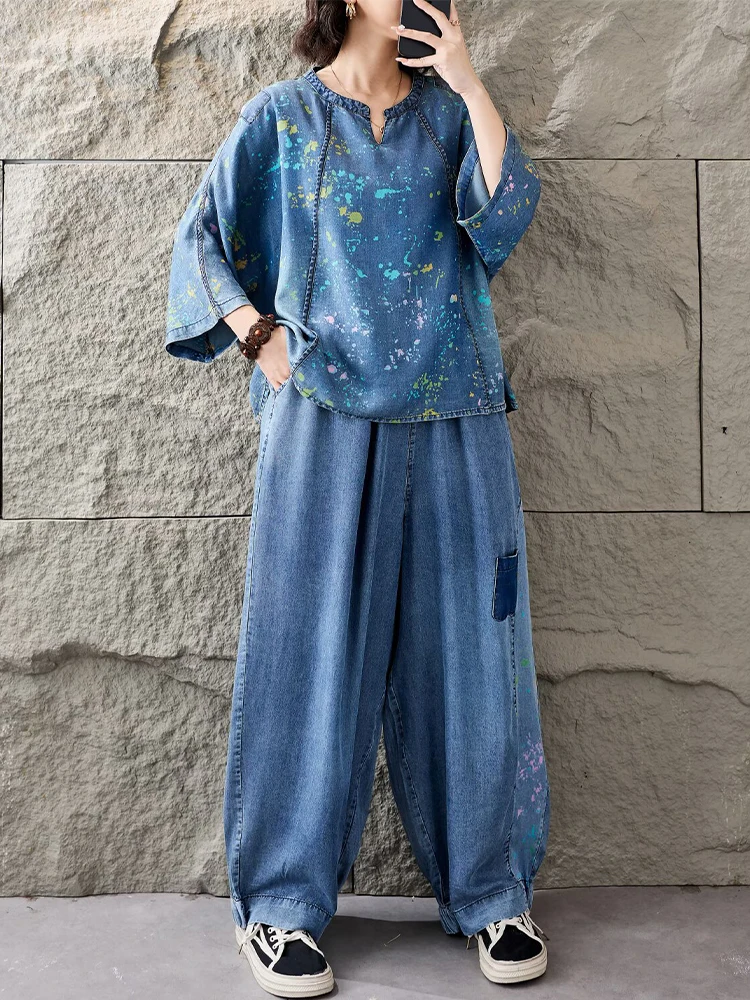 Tenues 2026 : Ensembles T-shirts et Pantalons en Jean Imprimé Ample pour Femmes – Deux Pièces Décontractées Classiques