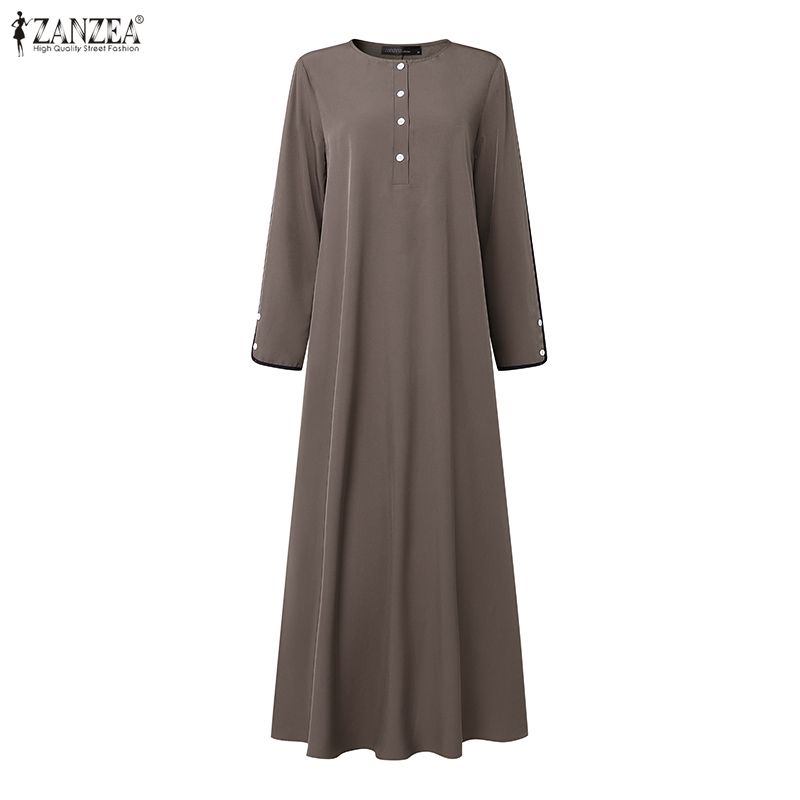 Robe Abaya Musulmane à la Mode 2026 ZANZEA Robe de Ramadan Robe Maxi Longue Printemps Femme Col Rond Manches Longues Robe d'été Kaftan Robes de l'Aïd