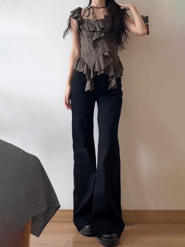 Jean évasé taille basse pour femmes, Style rétro, bleu, noir, Micro pantalon évasé, ample, droit, jambes larges, mode printemps