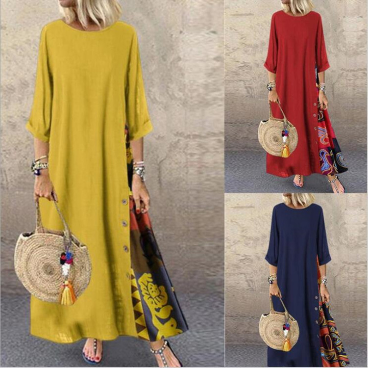 Robe longue Vintage en coton et lin pour femmes, manches trois quarts, imprimé épissé, ample, ligne a, mode décontractée, Maxi