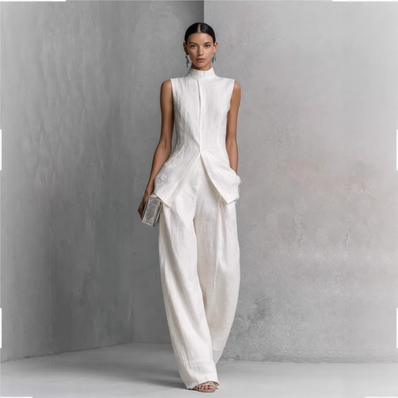 Nouvel ensemble de costume en coton et lin uni pour femme : haut sans manches à col roulé et pantalon taille haute, tenue ample boutonnée printemps-été