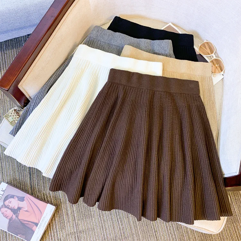 Jupes plissées en tricot pour femmes, couleur unie, décontractées, polyvalentes, basiques, coupe trapèze, automne-hiver, taille haute élastique, jupe courte