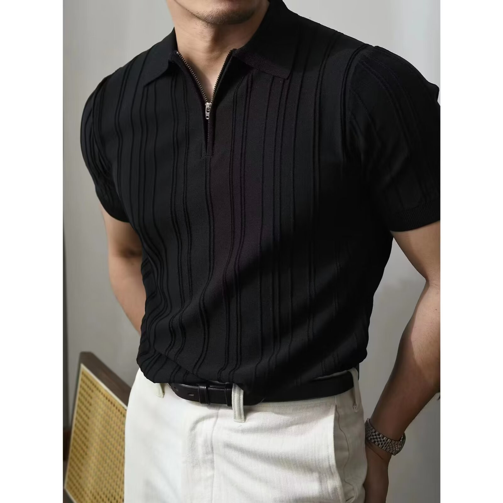 Coréen luxe mince solide rétro hauts t-shirts vêtements tricot chemises à manches courtes quart Zip décontracté t-shirts rétro Camisas De Hombre