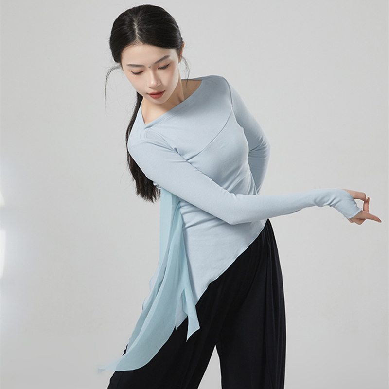 Haut de danse moderne pour femmes, chemise épissée en Tulle à manches longues, ourlet irrégulier, vêtements d'entraînement latin, haut Slim, chemisier à trous pour les pouces, vêtements de danse