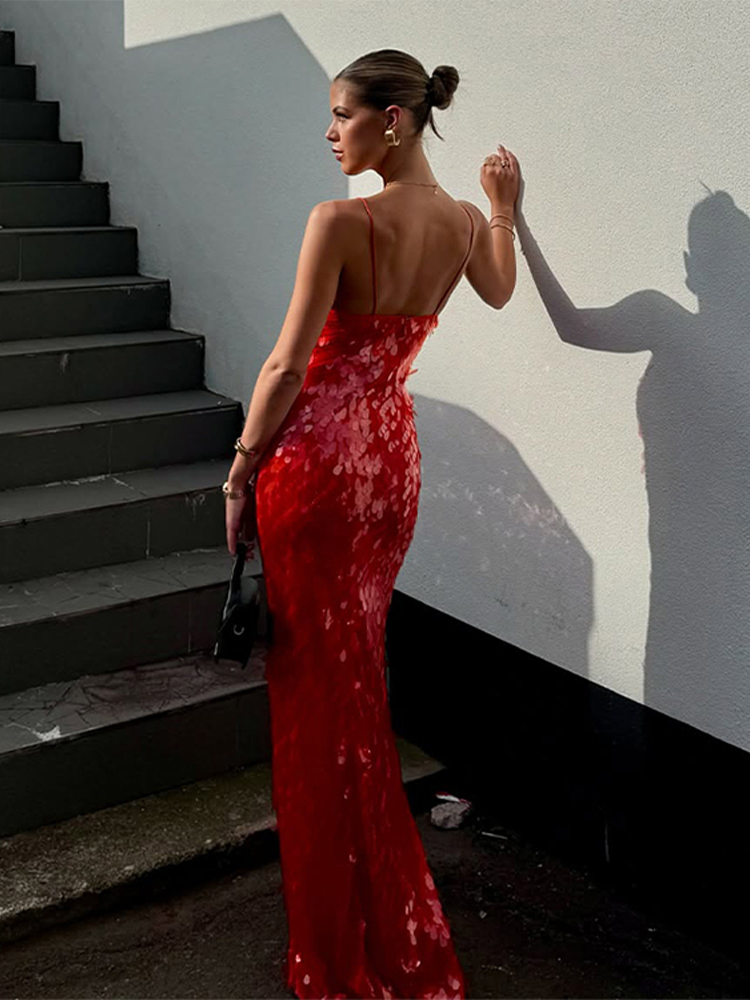 Sexy paillettes longue fronde robe de soirée femmes col en V sans manches rouge Maxi mince Robes femme 2025 été dame hanche paquet Robes nouveau