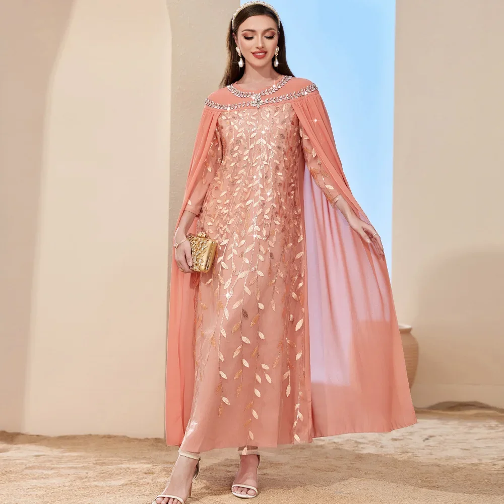 Abaya musulman brodé à motif de feuilles, Cape à la mode pour femmes, dubaï, turquie, faux deux robes, vêtements islamiques pour femmes, robe longue musulmane