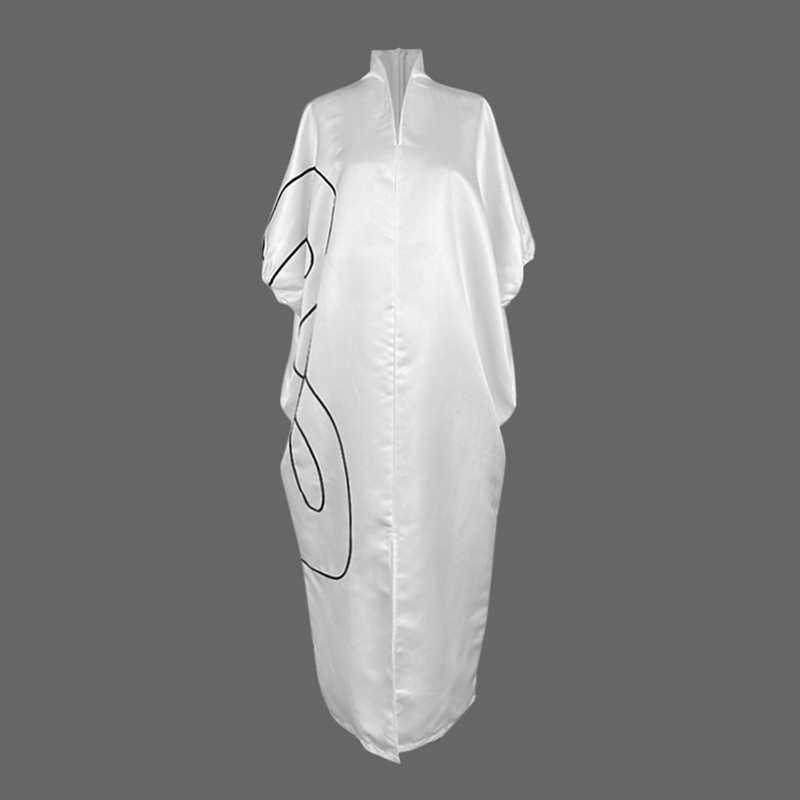 Robe Kaftan Musulmane Élégante et Modeste pour Femme 2026 Nouvelle Collection – Imprimé Abstrait, Manches Bouffantes Amples, Col Montant, Robe Longue de Soirée