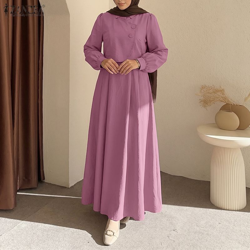 ZANZEA Robe Musulmane Tendance Abaya Ramadan Faux Deux Pièces Femme Élégante Manches Longues Plissée Robe Longue Décontractée Dubaï Kaftan