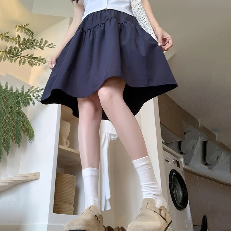 Style collégial ample une ligne jupes femmes été élastique taille haute jupes plissées femme japonais solide au-dessus du genou longueur jupe