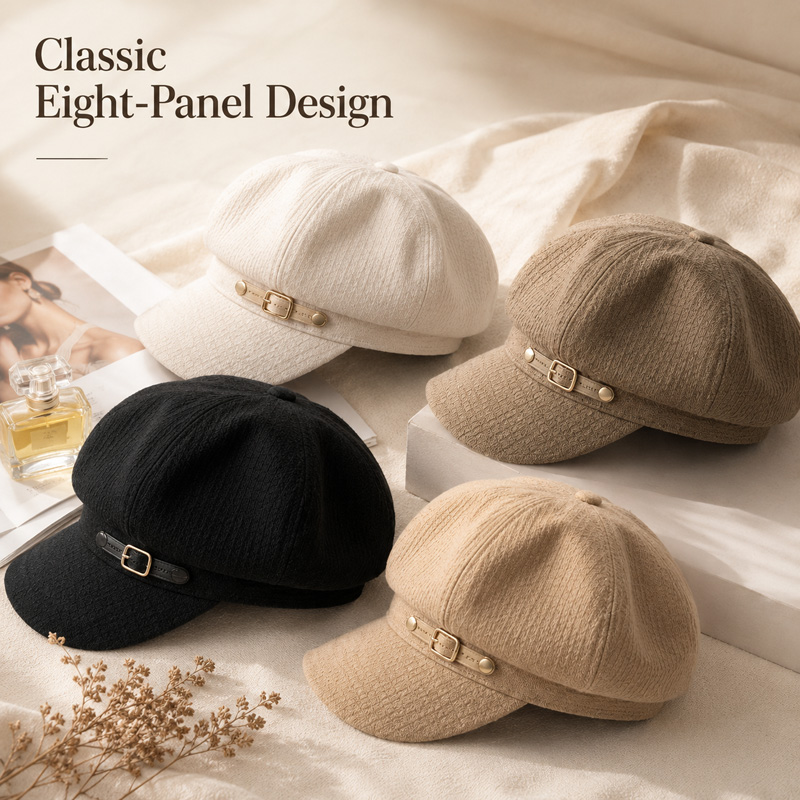 Béret Femme Automne Hiver, Casquette d'Artiste Vintage, Chapeau Newsboy avec Ceinture Décorative, Casquette de Peintre Octogonale Tendance à Visière Courte