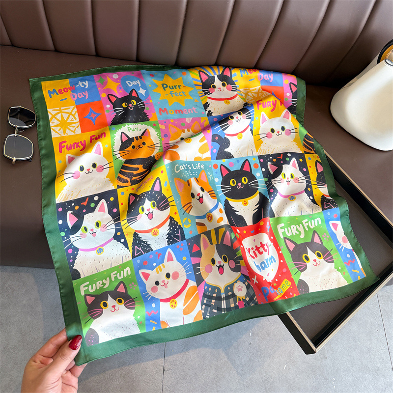 Nouveau Foulard Carré en Soie Imitée 2026 pour Femme, Imprimé Chat Animal, Accessoire de Mode, Bandeau, Bandana, Neckerchief