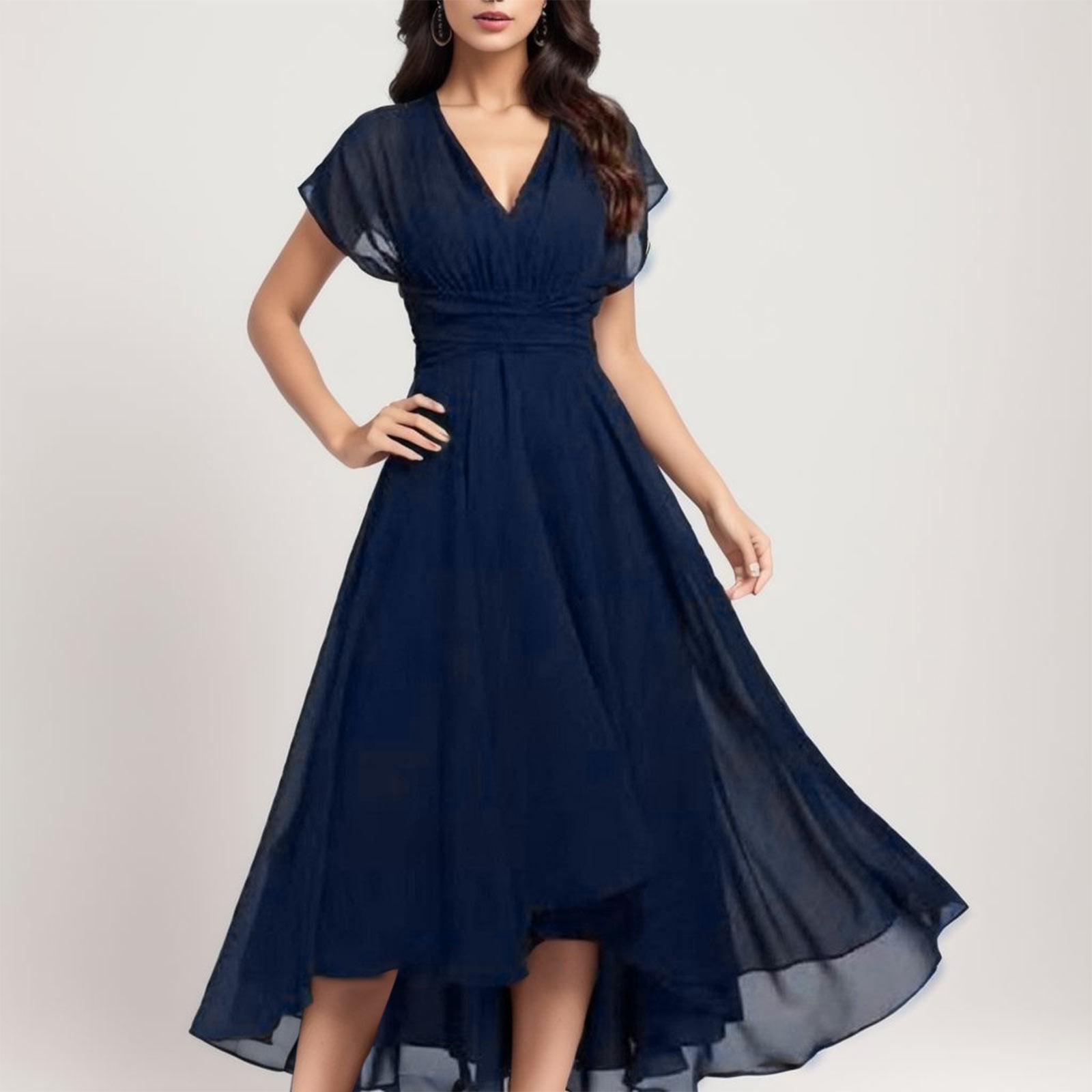 Femmes élégantes en mousseline de soie à manches courtes robe longue col en v taille haute a-ligne robe de soirée Tulle Cocktail robe formelle robes