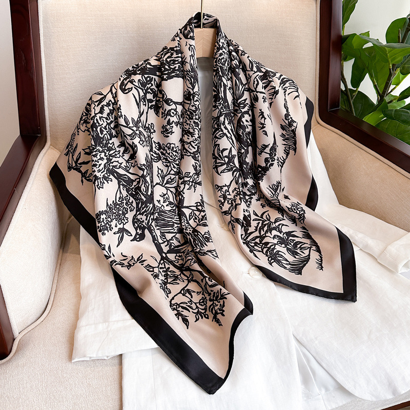 Foulard Carré à Imprimé Floral pour Femme, 90x90cm, Écharpe Design de Marque de Luxe, Motif Floral, Oiseau sur Arbre, Mouchoir, Bandana, 2024