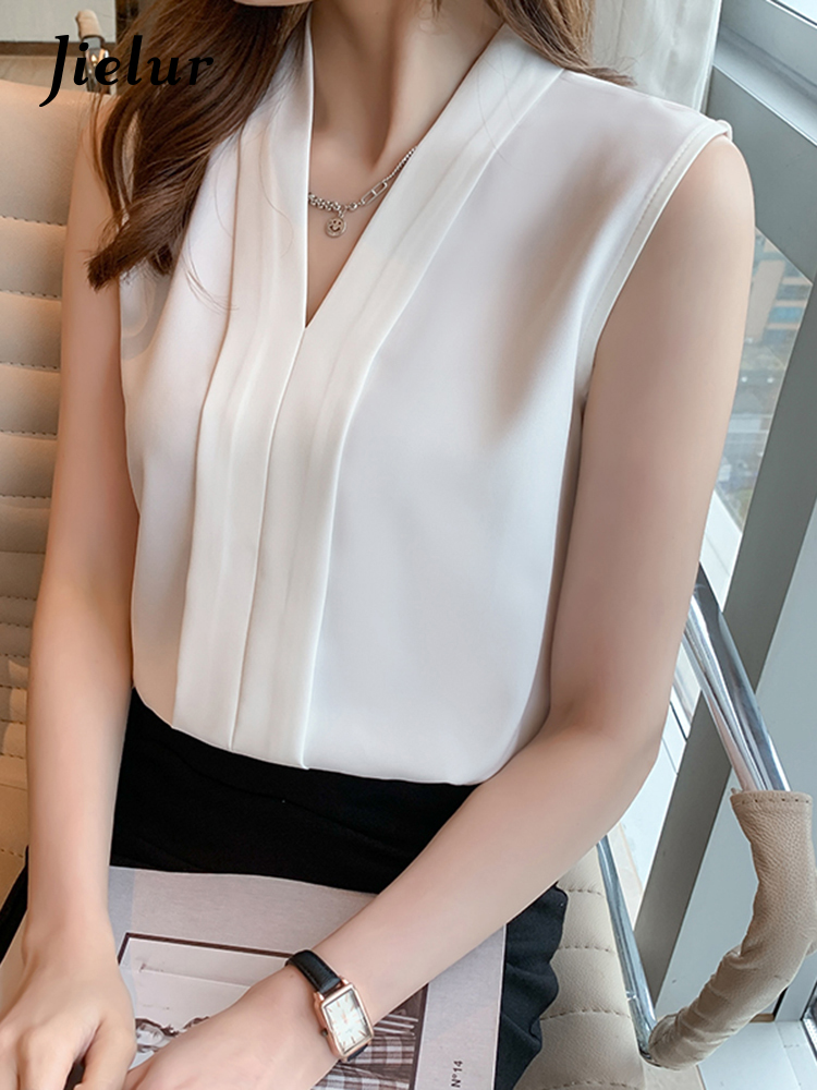 Jielur – chemisier en mousseline de soie pour femme, haut sans manches, col en v, blanc, élégant, couleur unie, bureau, Chic, été