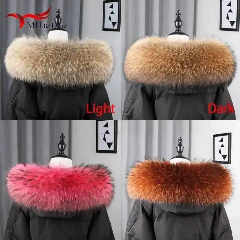 100% réel naturel fourrure de raton laveur écharpe femmes hiver mode luxe chaud haute qualité col de fourrure pour manteau bande à capuche grand silencieux