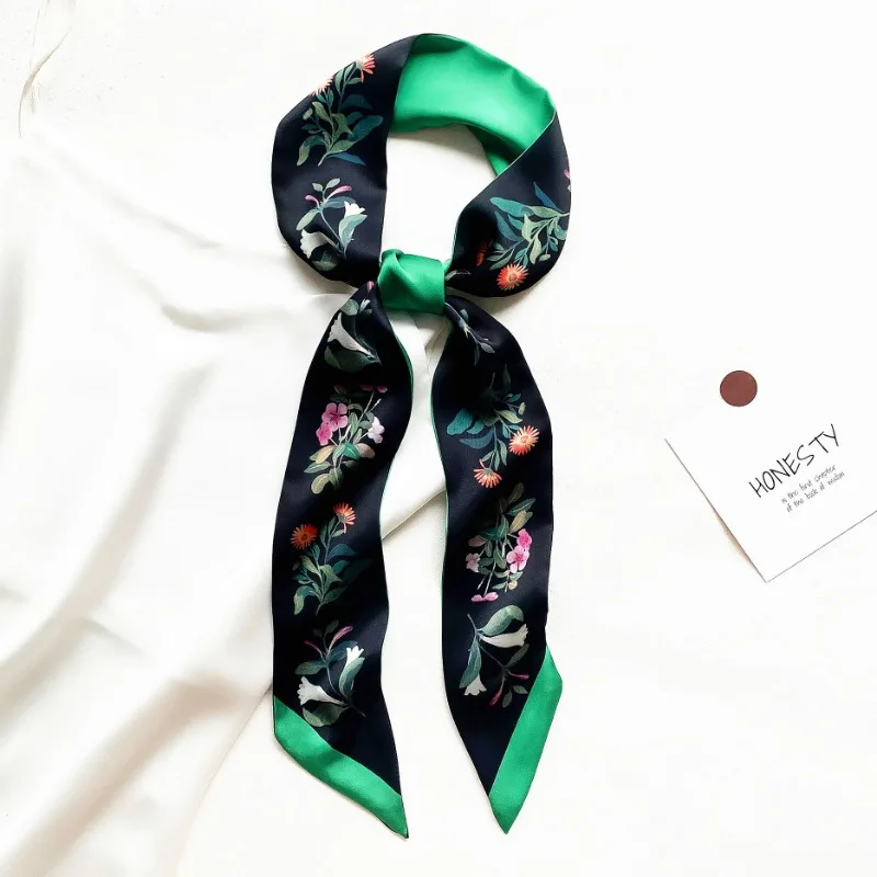 Longue écharpe en soie de luxe pour femmes, imprimé de fleurs, fine et étroite, sac, bandeau pour cheveux, ruban, foulard pour femmes