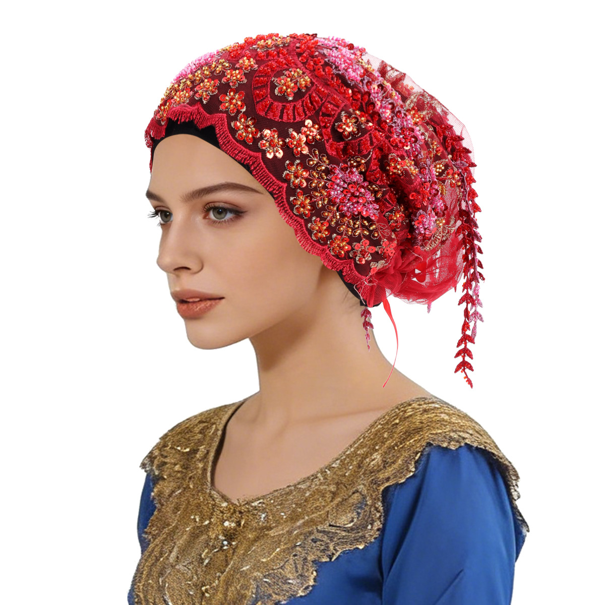 Nouveau ethnique gland foulard perlé broderie Turban luxe gland Bonnet femmes musulman Hijab dentelle fête de mariage chapeaux bonnets