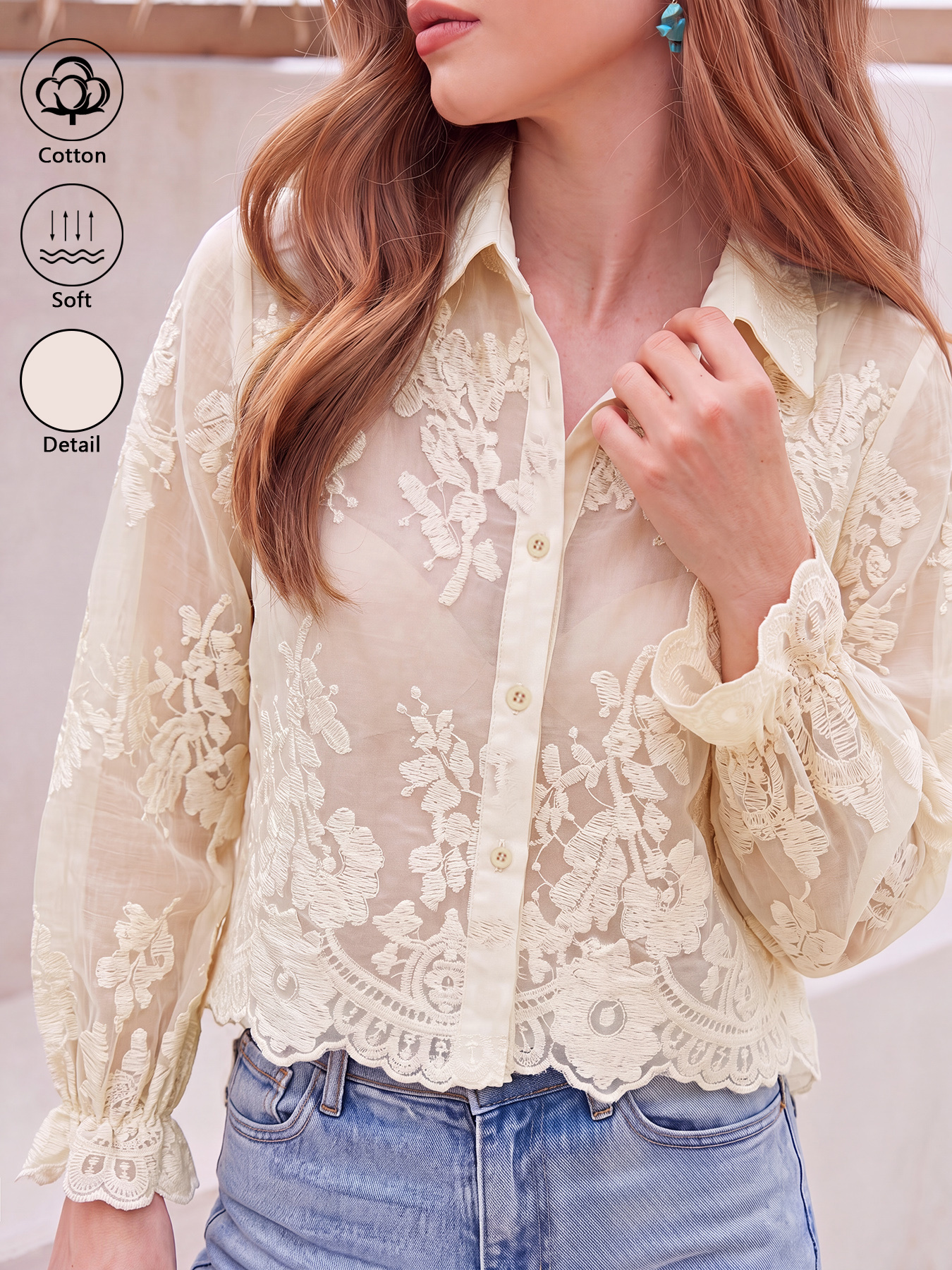 Chemise courte pour femme en coton 100% avec broderie florale 3D en dentelle