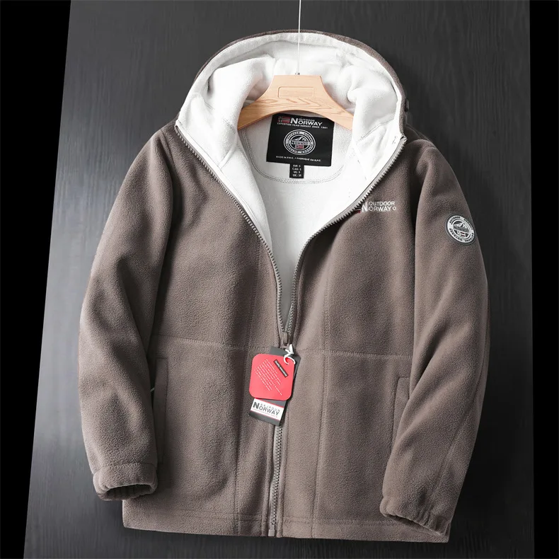 Veste d'hiver en laine pour hommes, haut de gamme, polaire épaisse brodée, coupe-vent, manteau chaud à capuche pour l'extérieur, la neige et le froid