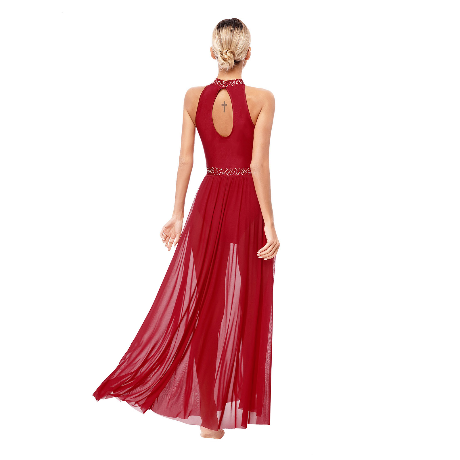 Justaucorps licou en biscuits brillants pour femmes, costume de scène lyrique, robe en tulle transparent, robe maxi fluide, vêtements de danse de salon, fendu