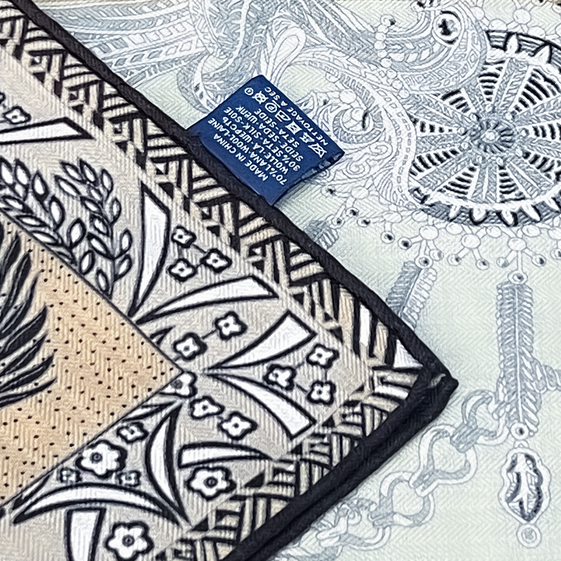 Écharpe de luxe 30% soie 70% laine, motif rétro et imprimé botanique, carré, texture chevrons, châle chaud pour femme
