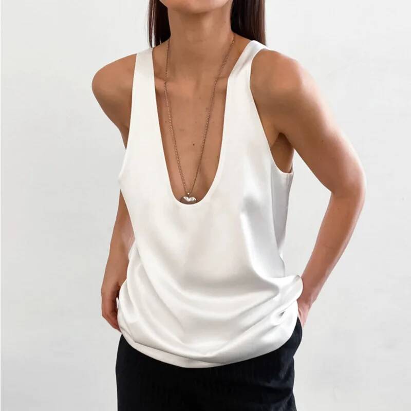 T-Shirt sans manches en Satin à col en U pour femmes, débardeur polyvalent de Style de rue de tempérament noir et blanc, doublure polyvalente sans manches