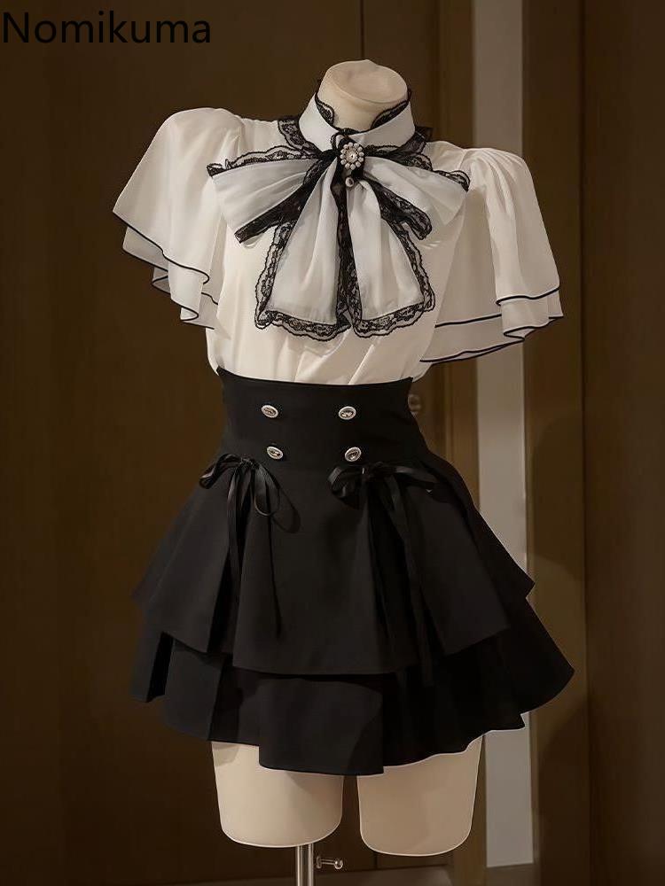 Vêtements japonais pour femmes, ensemble 2 pièces, chemisier à manches évasées avec nœud, taille haute, jupe plissée trapèze, costume de tempérament, tenues d'été