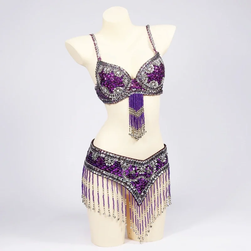 Ensemble de danse 2 pièces pour femme, style oriental, avec soutien-gorge et ceinture ornés de paillettes et de strass, pour spectacle
