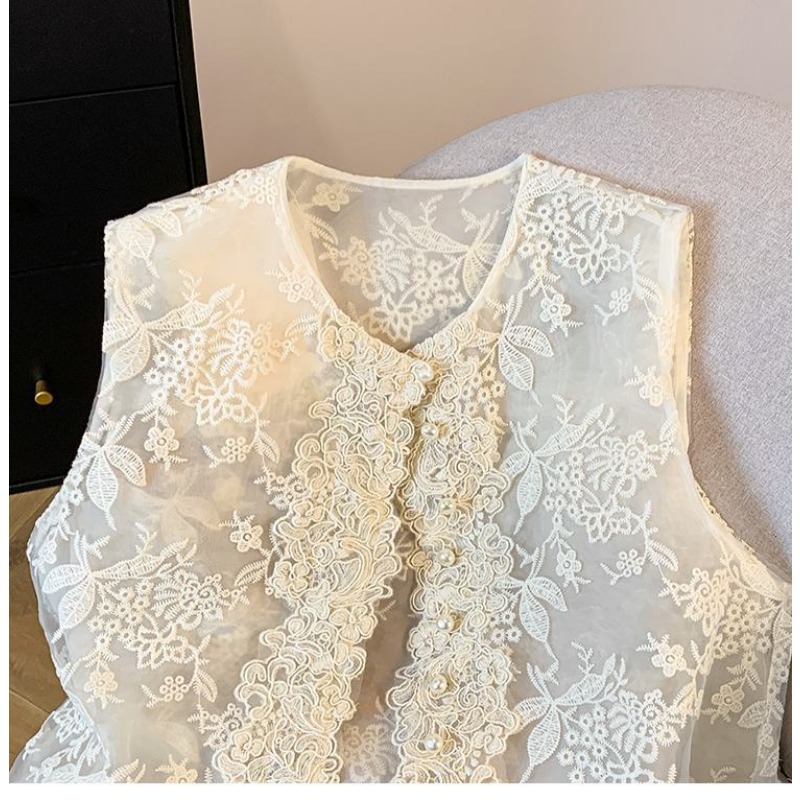 Gilet en dentelle beige pour femme, sans manches, col rond, à volants, boutonné, décontracté, transparent, vêtement d'extérieur