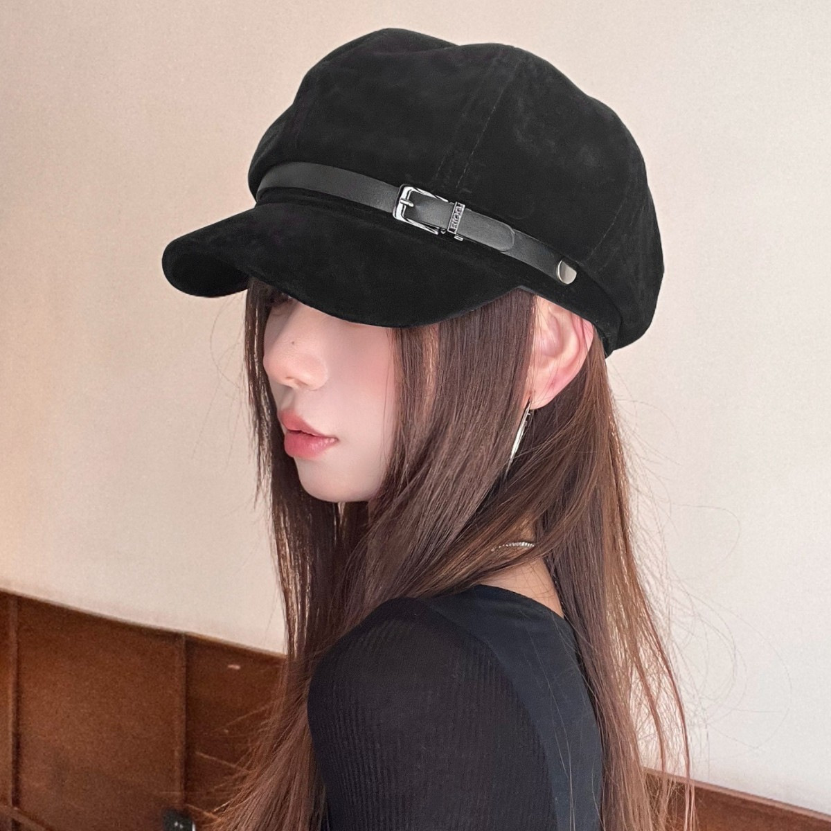 Béret rétro de style britannique pour femme, casquette octogonale en suède, chapeau d'artiste en cuir PU avec boucle, pour grande circonférence de tête, chapeau d'automne