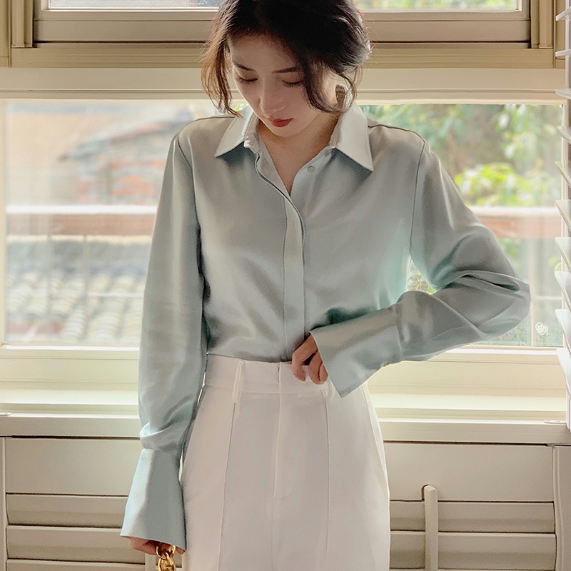 Chemisier en Satin à manches longues pour femmes, mode française, chemises de couleur unie, vêtements de bureau élégants pour dames, vêtements coréens pour dames
