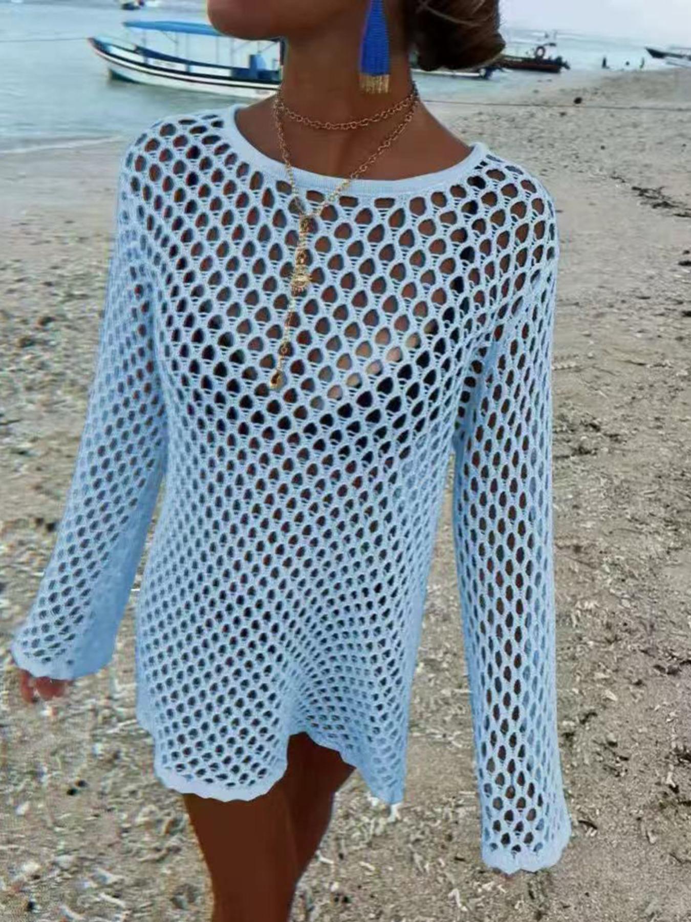 Robe de plage style bikini ajourée, col rond, tricot à manches longues, décontractée, design uni ajusté, parfaite pour les vacances d'été