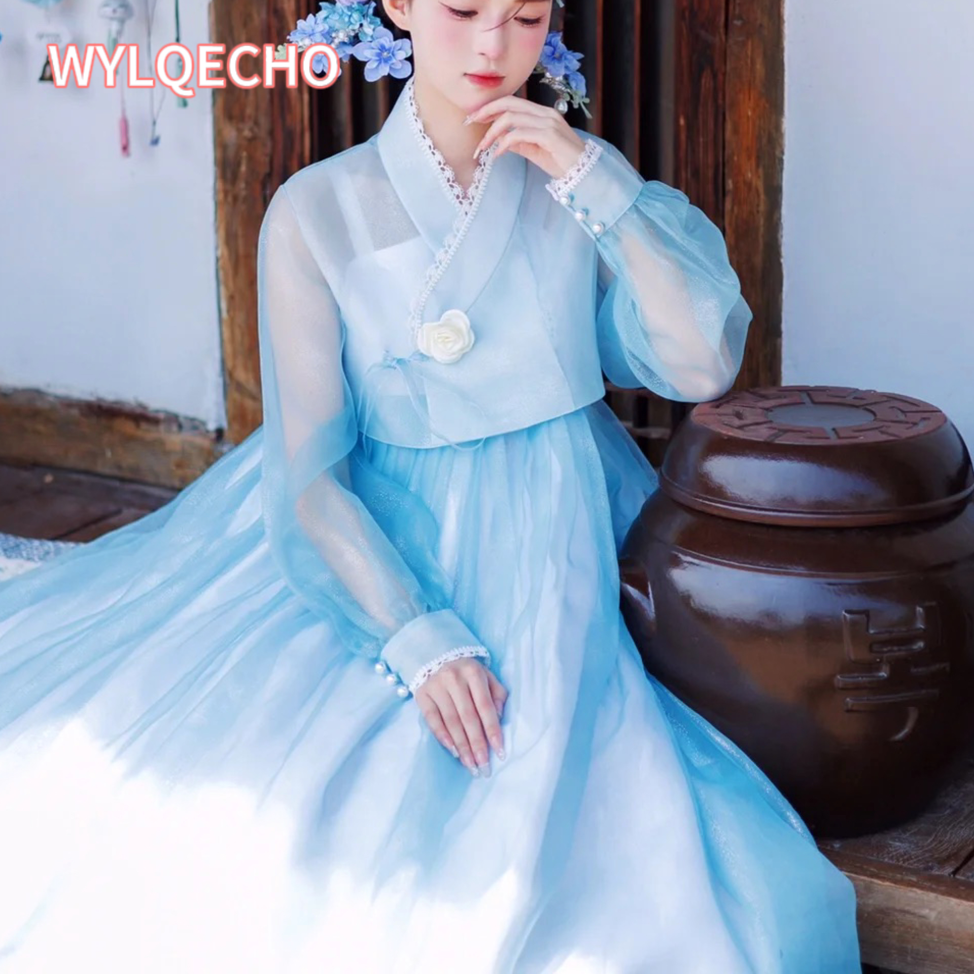 Hanbok Vêtements traditionnels coréens Robe Hanbok pour femmes Nouveau bleu Modernisé Hanbok Costume d'Halloween Cosplay Mariage Hanbok한