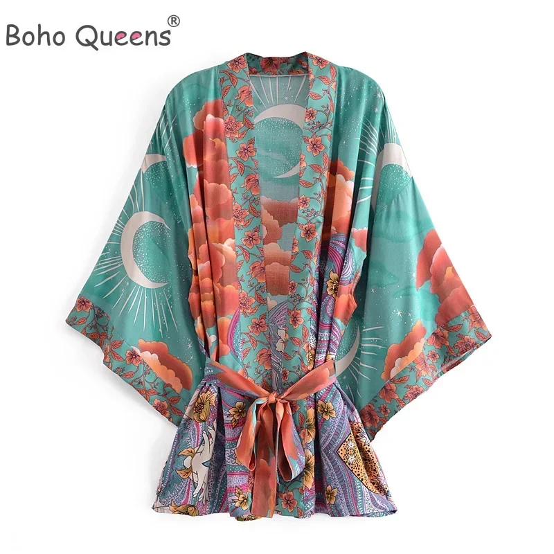 Boho Dinner ens-Robe Kimono pour Femme, Imprimé Floral, Manches Chauve-Souris, Plage, Bohème, Col en V, Rayonne, Coton, Robe Courte