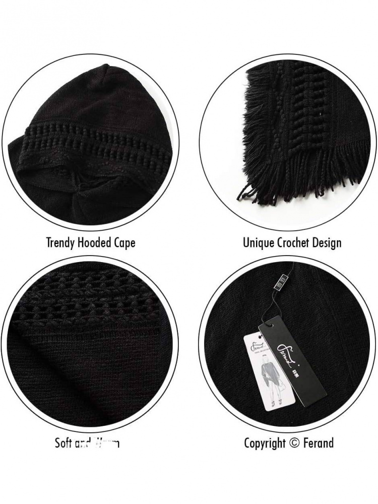 Cape à capuche pour femme avec ourlet à franges, motifs chauds de tricot poncho au crochet pour femme, style gothique à la mode