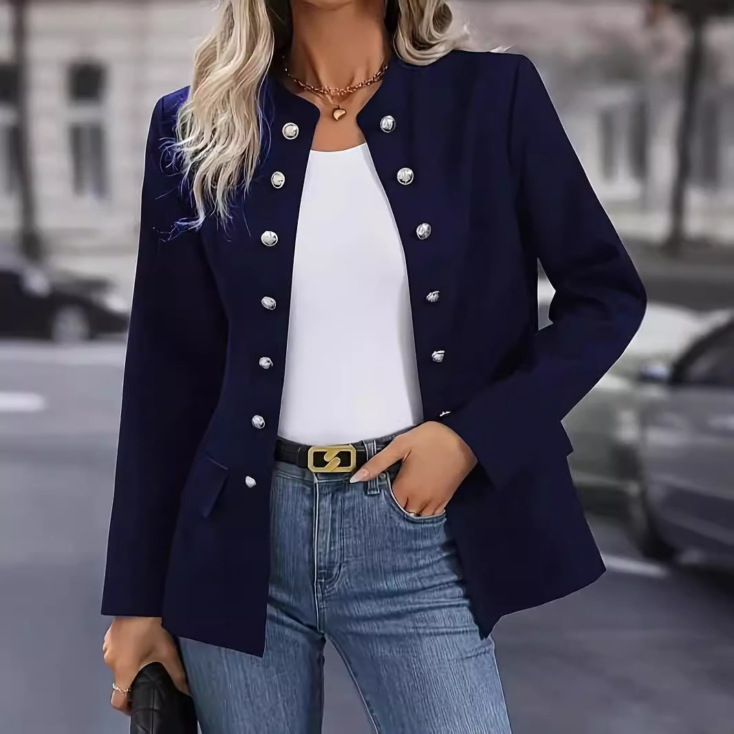 Femmes à manches longues vestes minces automne femme Double boutonnage bouton col montant Blazers FYY-207
