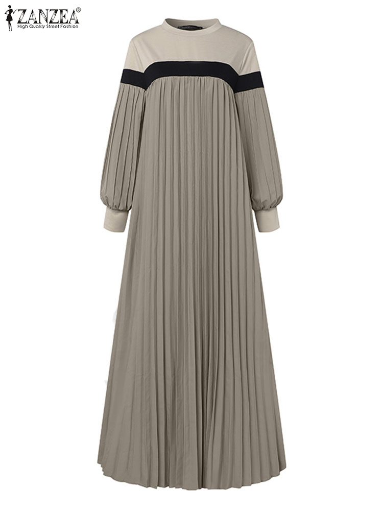 ZANZEA-Robe d'été à manches longues lanterne pour femmes musulmanes, Abaya de Turquie, Robe islamique de Dubaï, Patchwork élégant, Robe plissée éducative, Automne