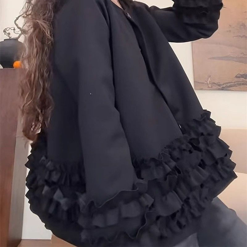 Manteau pour femme, design tendance, bordure à volants, manteau noir, idéal pour le printemps et l’automne, beau col rond, coupe ample, manches longues, vêtement d’extérieur décontracté.