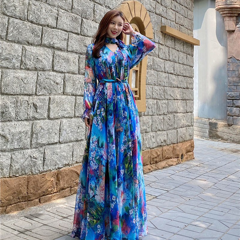 Robe de soirée élégante en mousseline de soie coupe ajustée pour femme, style coréen, imprimée, à manches longues, grande taille, collection été 2026