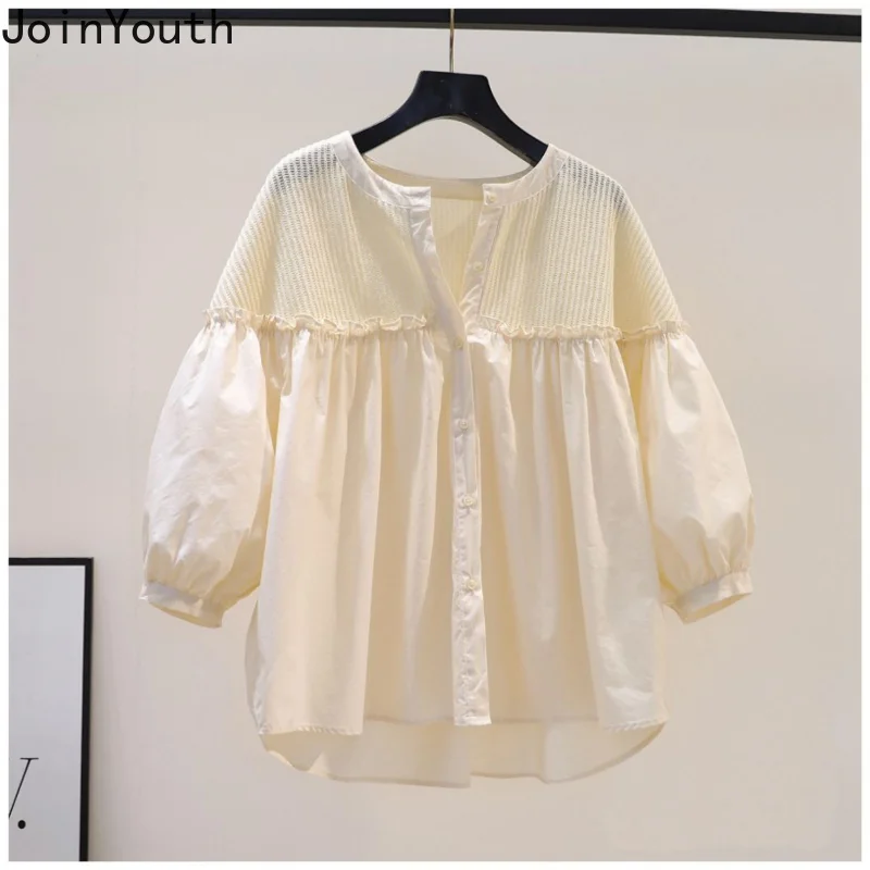 Chemisiers en coton femmes Patchwork rose chemise ample été doux volants Blouse col rond lanterne manches hauts 2025 Blusas Mujer De Moda
