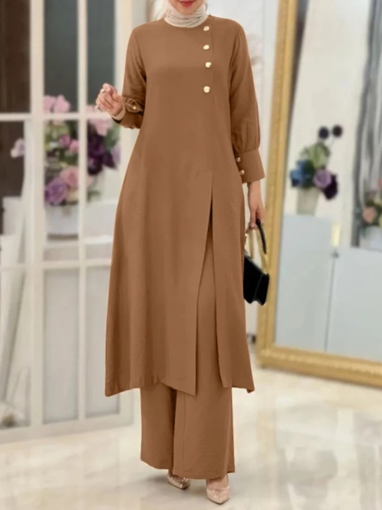 Ramadan femmes Eid musulman deux pièces Ensemble chemisier fendu et pantalon Musulman Ensemble bouton chemise pantalon correspondant ensembles Femme Abaya 2024