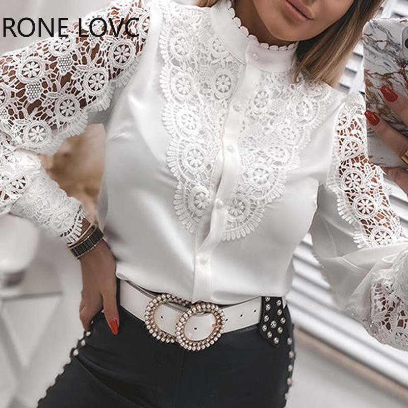 Chemisier en dentelle à col blanc pour femmes, chemises élégantes pour dames de bureau, patchwork, évider, boutonné, mode, nouveau, 2024