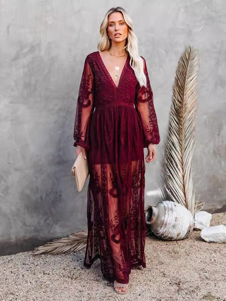 Robe longue en dentelle à manches longues, col en v, couleur unie, mode automne, vêtements de rue pour femmes, robes de tempérament élégantes