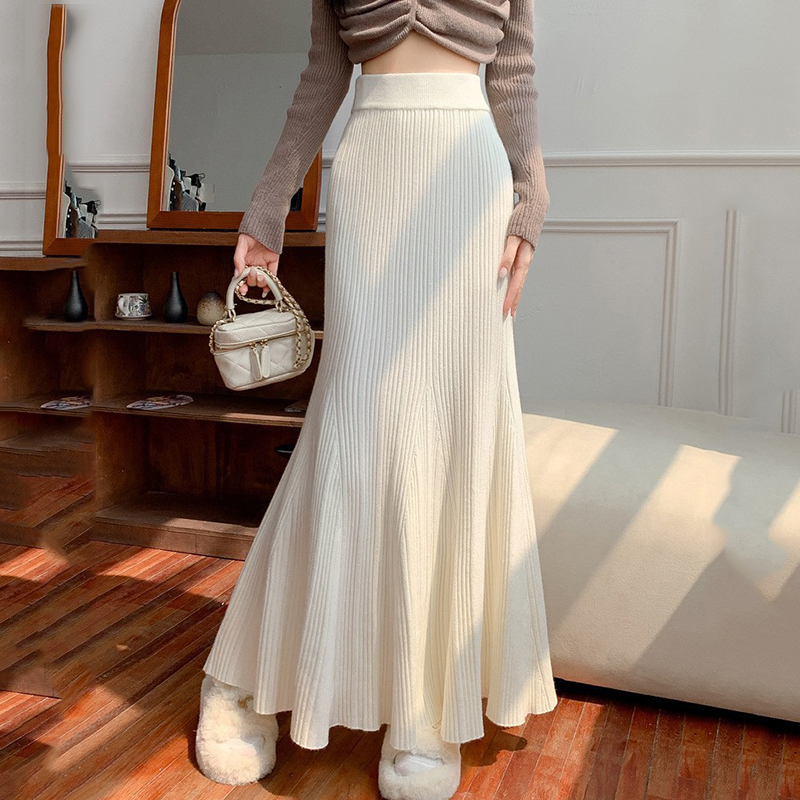 Jupe longue en tricot enveloppé de hanches pour femmes, Sexy, élégante, élastique, taille haute, style sirène, plissée, ligne A, jupe mi-longue pour dames