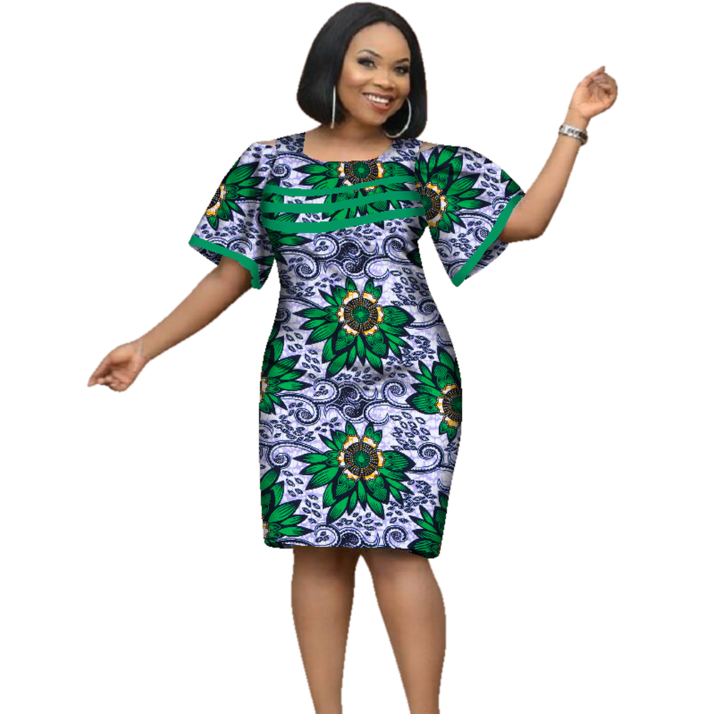 Robes africaines en coton pour femmes, imprimé Dashiki, manches courtes, col rond, robe crayon de bureau, WY2353
