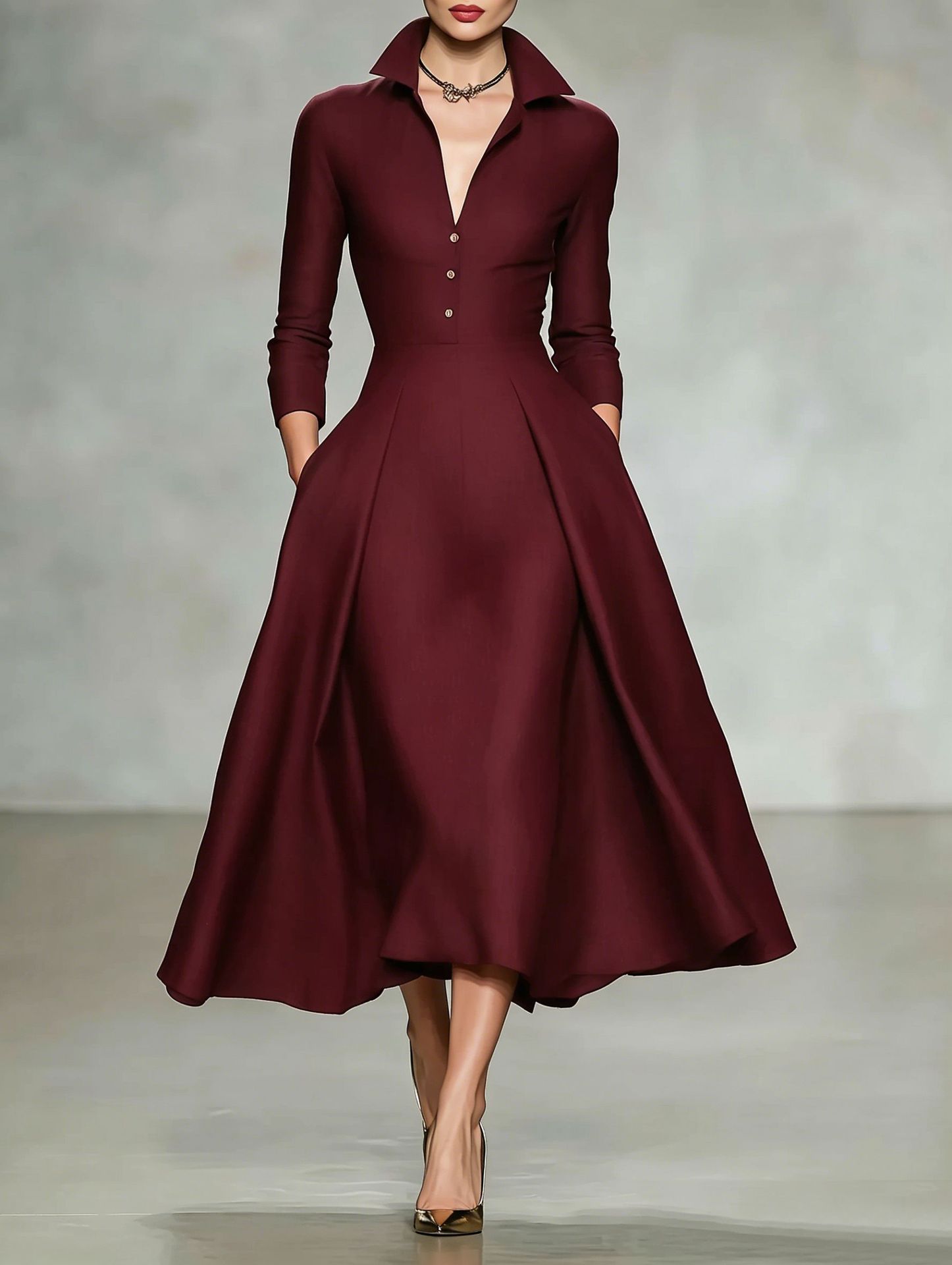 Robe midi élégante pour femmes, automne-hiver 2026, col en V, manches longues, taille cintrée, robe de bureau tendance