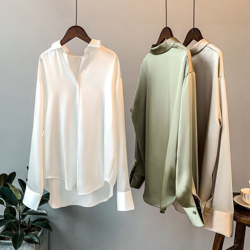 Chemises élégantes et luxueuses pour femmes, manches longues, chemisiers en satin, tenue de bureau pour femme, chemise ample boutonnée, haut blanc, nouvelle collection printemps-automne.