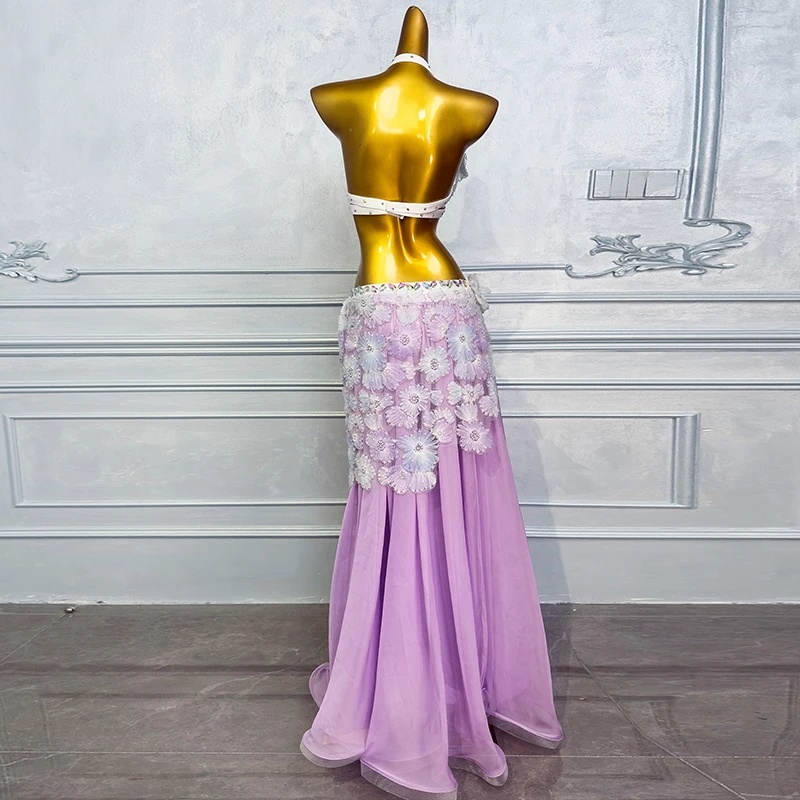 Vêtements de danse du ventre personnalisés pour femmes, dentelle de charbon AB avancée, pompon à paillettes, trempé financièrement, costume de phtalperformance du ventre