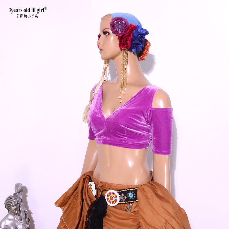 Costume de danse du ventre en velours Tribal Choli, haut à manches courtes pour femmes CJJ56